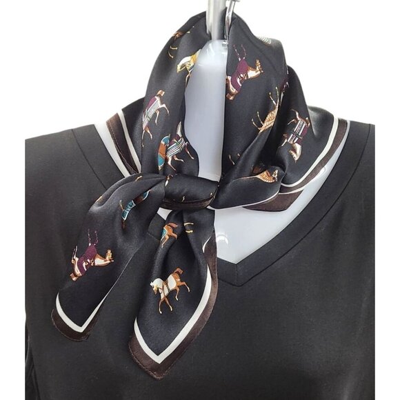 Luxury Black 100% Silk Equestrian Horse Print Scarf With Brown Border Decorative - Picture 2 of 12